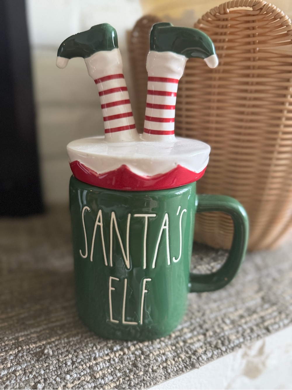 Rae Dunn Green & Red "Santa's Elf" Holiday Mug with Elf-Leg Lid
